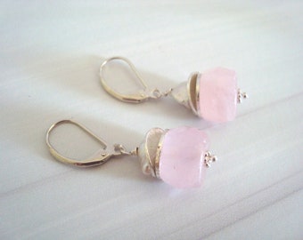 Rose Quartz, Sterling Silver with Small, Freshwater Pearl, Short Dangle Earrings, Pale Pink and Silver Earrings, Pastel Colored Earrings