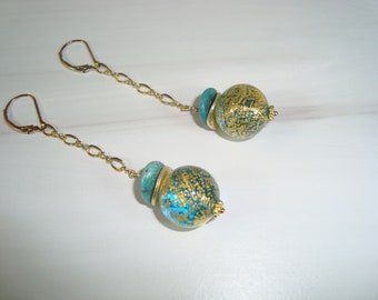 Aqua Blue and Gold, Venetian Glass, Long, Dangle Earrings, Aqua and Gold Glass, Dangle Earrings, Venetian Glass and Gold Long Earrings