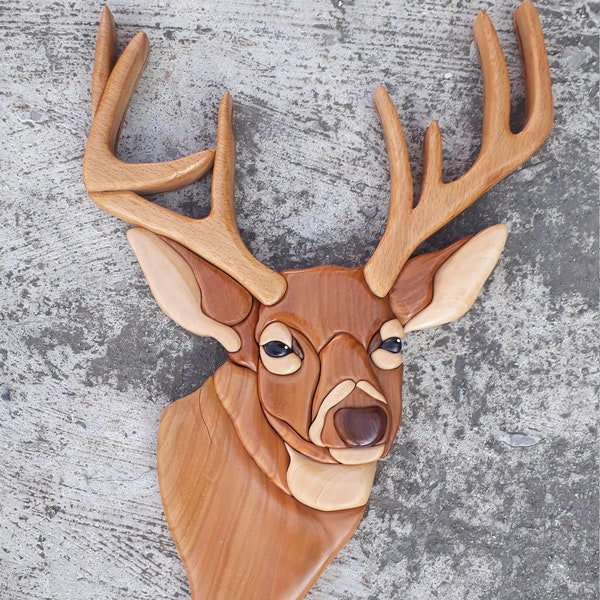 POINT BUCK, intarsia , intarsia wooden art, poplar, wall decor, home decor, woodworking, 3D home decor, wood carving, hunter, deer