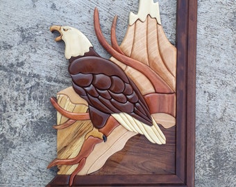 Eagle Intarsia Wood Art, 3D Wall Decor (13x20 inches)