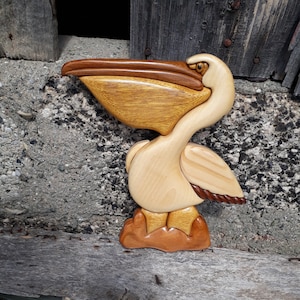 PELICAN INTARSİA ,intarsia, intarsia wooden art, wild life, home decor, wall decor, sea, animal, 3D wall decor, Door trim, Wooden Carving