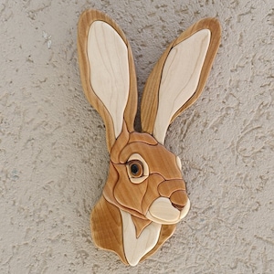 JACK RABBİT İNTARSİA,   Home Decor, Wall Decor, Hunter, Intarsia Wooden Art, Wooden Carving, jack, rabbit, wooden, intarsia Wood Art
