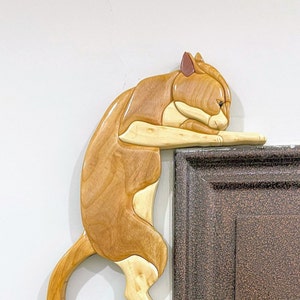 CAT DOOR ORNAMENT, door, door shape, intarsia wooden art, poplar, wall decor, 3D wall, woodworking, love cat, pet, intarsia