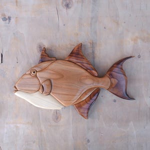 TRİGGERFİSH İNTARSİA, Home Decor, Wall Decor, Hunter, Intarsia Wooden Art, Wooden Carving, wooden, intarsia Wood Art, fish, triggerfish