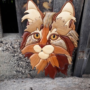 CAT INTARSİA , home decor, wall decor, animal, cat, pet, intarsia wooden art, wood carving, love cat, intarsia Wood Art, 3D wall image 3