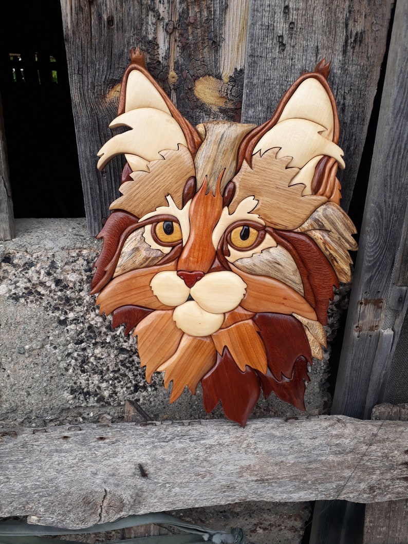 CAT INTARSİA , home decor, wall decor, animal, cat, pet, intarsia wooden art, wood carving, love cat, intarsia Wood Art, 3D wall image 3