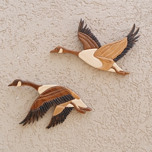 flying couple canadian goose, birds,art, intarsia wooden art, animal, intarsia Wood Art, wooden, carvin, Inlaid, 3D decor, goose