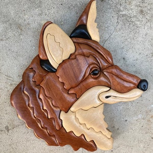 INTARSIA RED FOX , intarsia, intarsia wooden art, wild life, home decor, wall decor, fox, animal, Wooden, 3D Wall