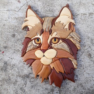 CAT INTARSİA , home decor, wall decor, animal, cat, pet, intarsia wooden art, wood carving, love cat, intarsia Wood Art, 3D wall image 1