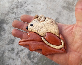 Ímã de madeira para camundongo Intarsia, ornamento de vida selvagem