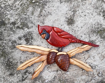 CARDENAL, arte en madera con incrustaciones, vida silvestre, decoración del hogar, decoración de pared, gorrión, animal, madera