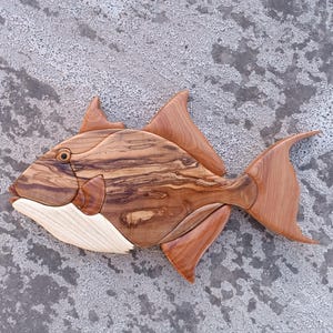 TRİGGERFİSH İNTARSİA, Home Decor, Wall Decor, Hunter, Intarsia Wooden Art, Wooden Carving, wooden, intarsia Wood Art, fish, triggerfish