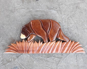 OSO İNTARSİA, moldura de puerta, decoración de pared, decoración del hogar, animal, arte de madera con intarsia, tallado de madera, vida silvestre, oso, decoración de pared 3D, oso