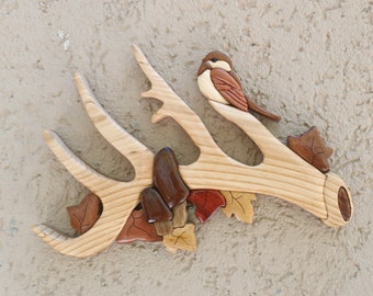 Intarsia Wood Art Wall Decor, Bird and Horn, 3D Wooden Eagle
