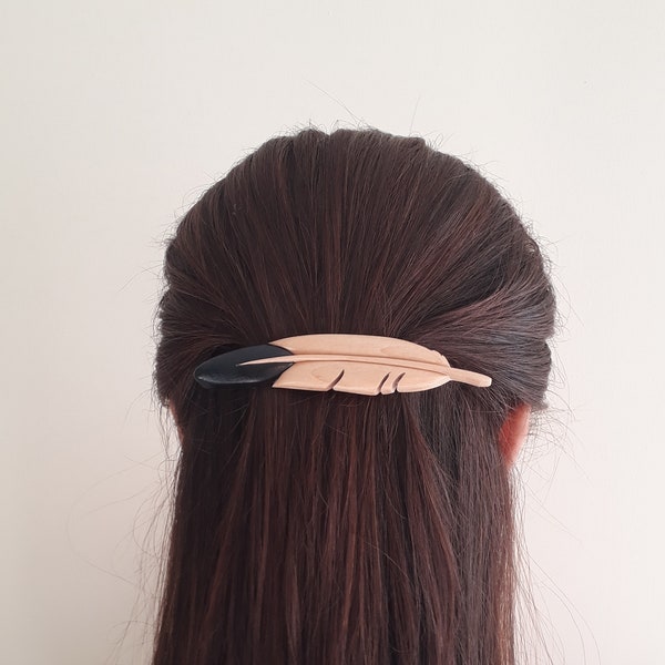 PINCE À CHEVEUX PLUME, barrette en bois, barrette, plume d'aigle, cheveux en épingle à cheveux, femme, cheveux longs bois