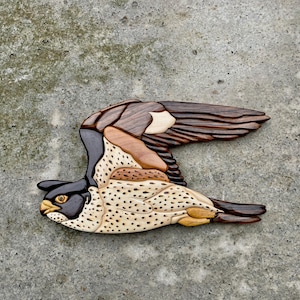 May include: A wooden intarsia wall art piece depicting a falcon in flight. The bird is crafted from various shades of natural wood, featuring dark brown wings, a cream-colored chest with dark spots, and a black head with a yellow beak.