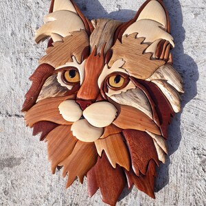 CAT INTARSİA , home decor, wall decor, animal, cat, pet, intarsia wooden art, wood carving, love cat, intarsia Wood Art, 3D wall image 2