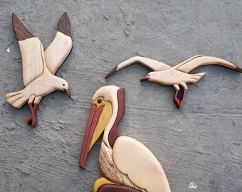 Handmade Intarsia Wood Art, Pelican and Seagulls Wall Decor