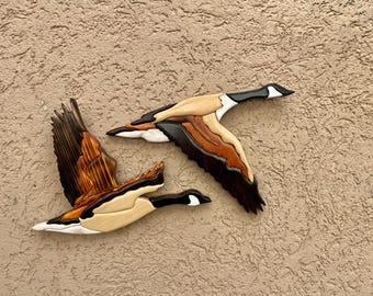 Ganso, casal de gansos-do-canadá voando, arte em madeira entalhada, vida selvagem, madeira, escultura, animal, arte em madeira entalhada, incrustação, decoração 3D, ganso