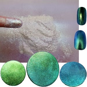 May include: A close-up of iridescent nail polish and eyeshadow pigments in various shades of green, teal, and blue. The image includes swatches on a finger and circular compacts, showcasing the color-shifting effect.