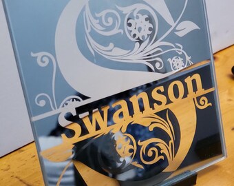 Monogram Family Name Personalized Glass Mirror Decor Display w/Stand - Custom Engraved Last Name Sign. Many Design Options. Great Gift Idea