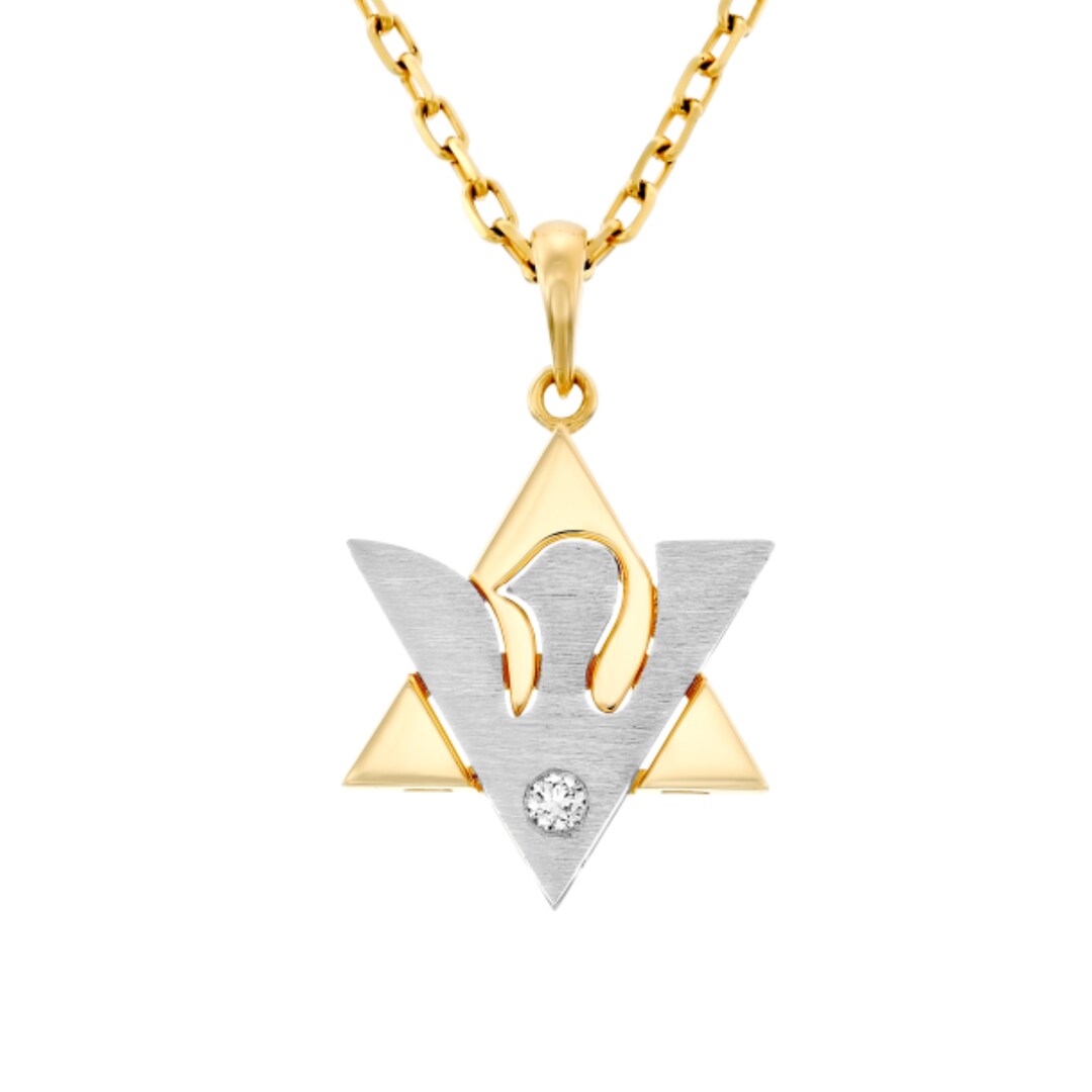 NEW 18K Gold White and Yellow Star of David & Dove of Peace Pendant