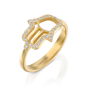 18K Gold Hamsa Ring – Diamond Jewish Protection Jewelry, Handmade Lucky Symbol Gift