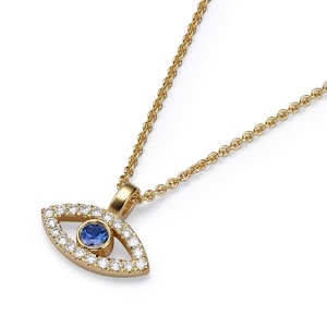 18K Gold Evil Eye Necklace – Handmade Protection Jewelry, Blue Sapphire & Diamond Pendant