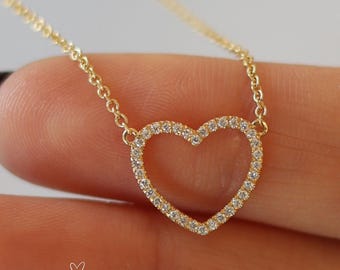 Diamond Pavé Heart Necklace: Solid 18K Gold, Minimalist Charm