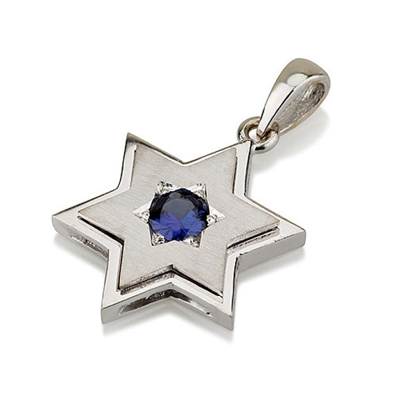 Magen David in 18k Solid White Gold - Star of David Pendant with Sapphire