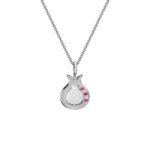 18K White Gold Pomegranate Necklace – Ruby Jewish Pendant, Handmade Israel Judaica Gift