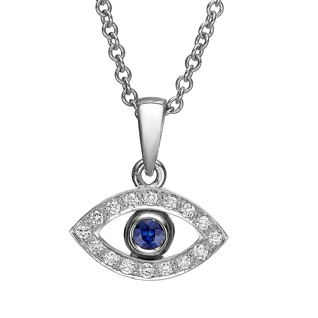 18K Gold Evil Eye Necklace With Diamonds and Sapphire Etsy
