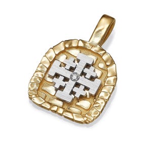 Jerusalem Cross Pendant Necklace – Two-tone 18K Gold Christian Jewelry with Diamond, Handmade in Israel by Yaniv Fine Jewelry