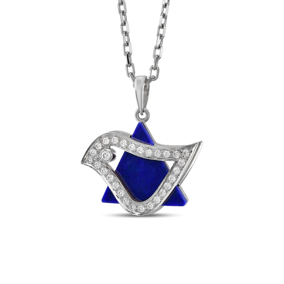 Gold Star of David & Dove of Peace Pendant With Diamond and Lapis Stone
