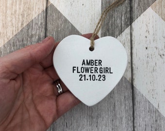 Flower girl gift, personalised flower girl gift, personalised heart, clay heart ornament, gift for flower girl, flower girl keepsake, heart.