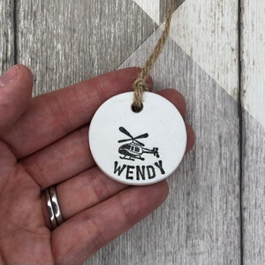 Gift for helicopter pilot, helicopter gift, clay gift tags, personalised gift, helicopter ornament, helicopter decoration, helicopter, pilot