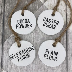 Clay pantry labels, storage jar labels, kitchen labels, customised tags, tags for jars, jar tags, tea, coffee, sugar, clay kitchen labels.
