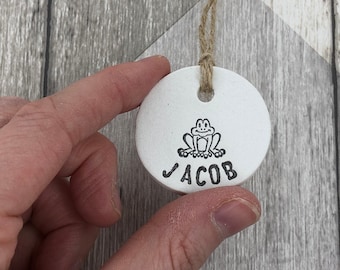 Frog gift, frog ornament, frog decoration, birthday gift tags, clay gift tags, napkin rings, personalised gift tags, gift tags, frog.