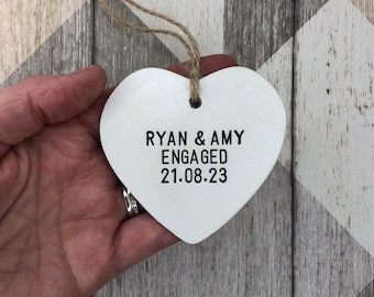 Engagement gift, gift for couple, engaged, personalised engagement gift, personalised heart, clay heart ornament, congratulations gift.