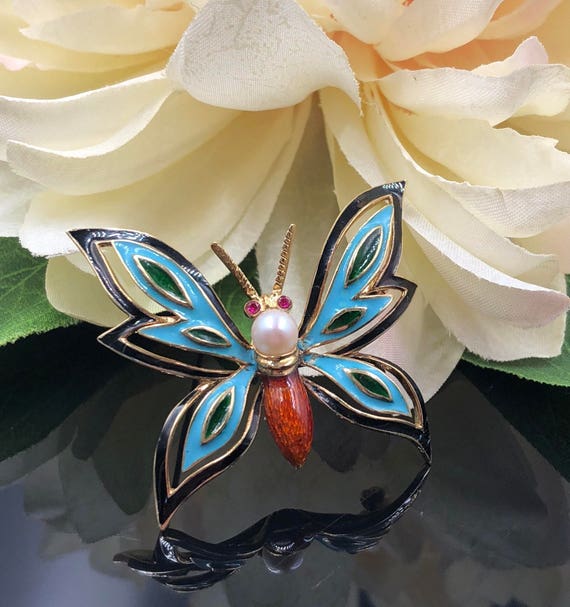 14K Butterfly Brooch, Enamel Butterfly Pin, Turquo