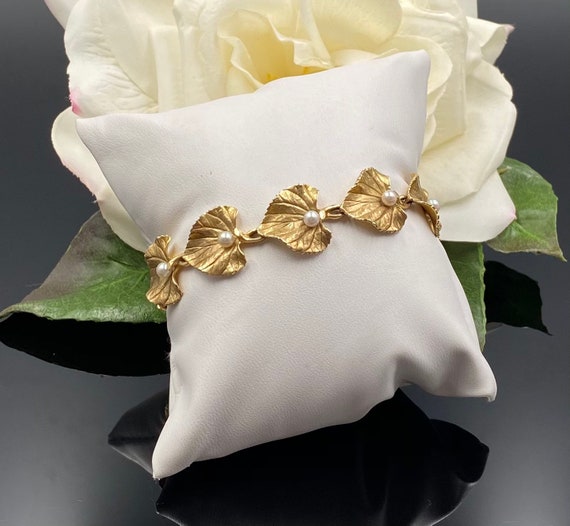 Vintage 14K Gold Pearl Bracelet, 14K Gold Leaves … - image 8