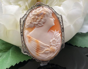 Antique 14K White Gold Filigree Cameo Brooch: Hand Carved Edwardian Pin