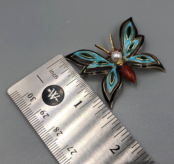 14K Butterfly Brooch, Enamel Butterfly Pin, Turqu… - image 5