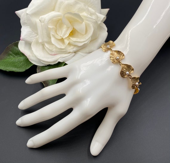 Vintage 14K Gold Pearl Bracelet, 14K Gold Leaves … - image 4