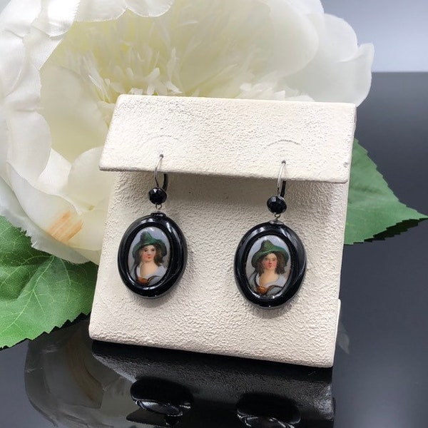 Whitby Jet Hand Painted Portrait Earrings, Mid Victorian Dangle Earrings, Tyrolean Boy, Green Boy Gypsy Vagabond