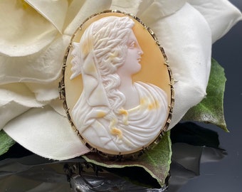 Victorian 14K Cameo Brooch, Hand Carved Shell Cameo with Crown