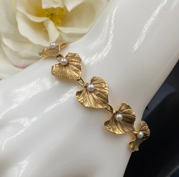 Vintage 14K Gold Pearl Bracelet, 14K Gold Leaves … - image 2