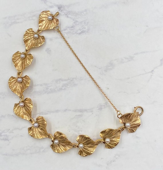 Vintage 14K Gold Pearl Bracelet, 14K Gold Leaves … - image 5