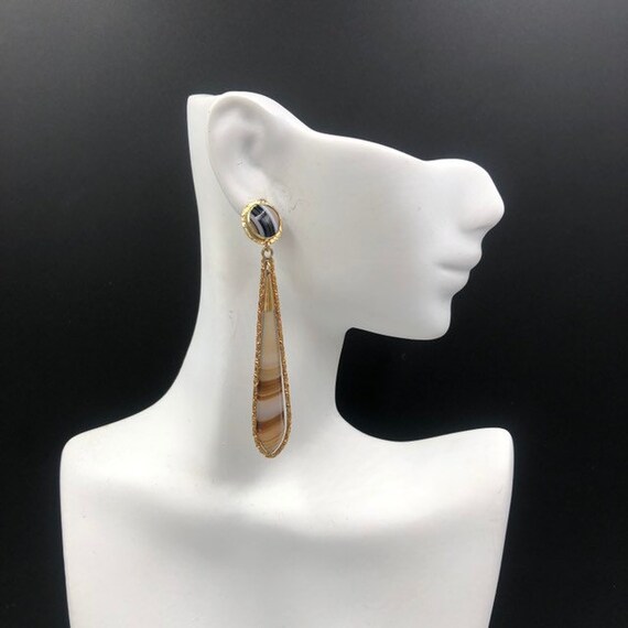 Victorian Banded Agate 14K Dangle Earrings, 14K Ag