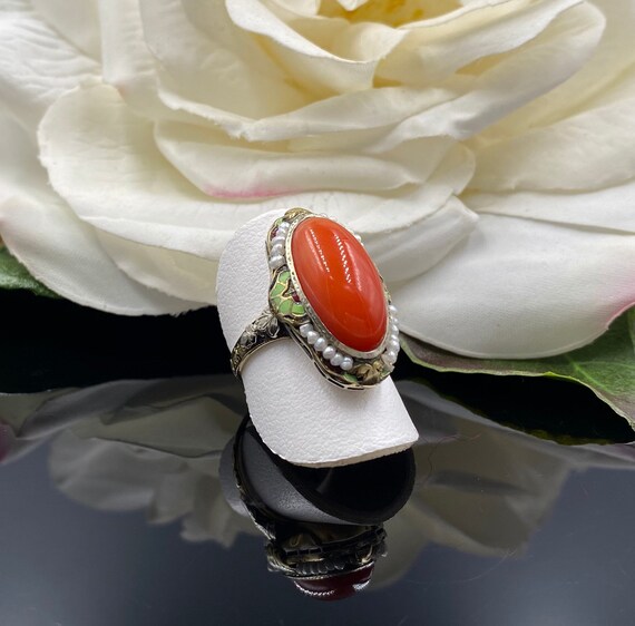 14K Antique Coral Ring, Victorian Red Coral Ring,